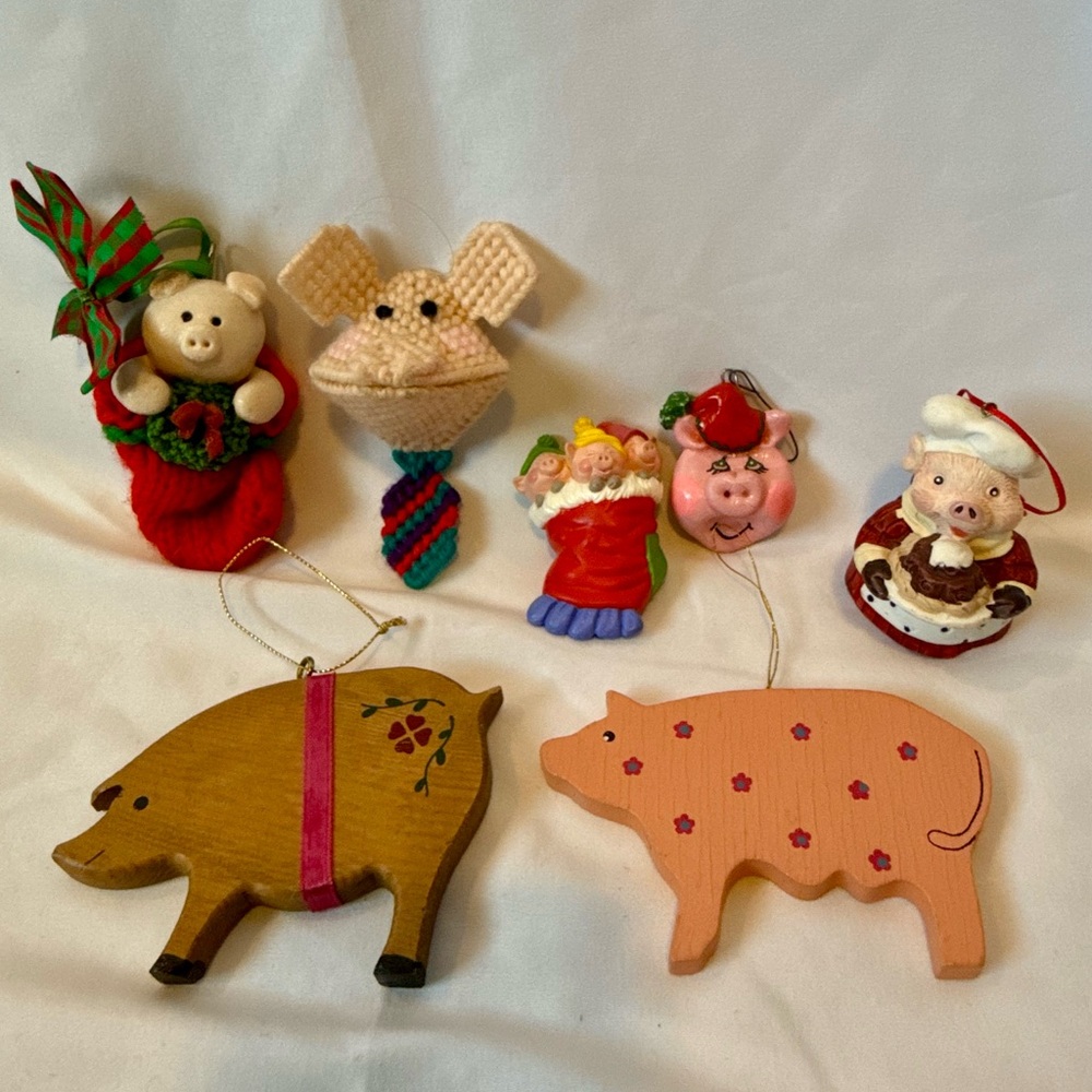 Vintage 1970’s Pig Assorted Christmas Ornaments- Lot Of 7- Unique Holiday Gift